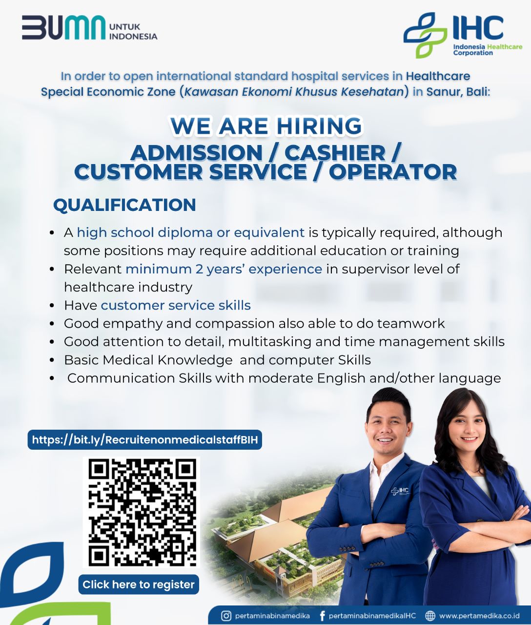 Admission/Cashier/Customer Service/Operator Bali International Hospital